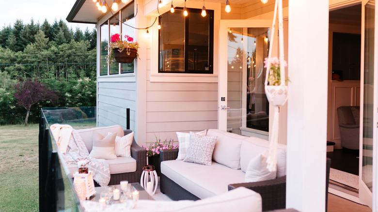 white and black patio furniture in small space