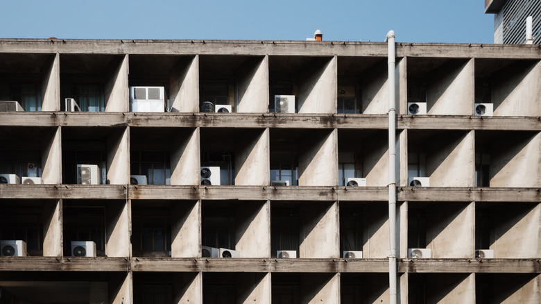 Exterior view of brutalist concrete residential building