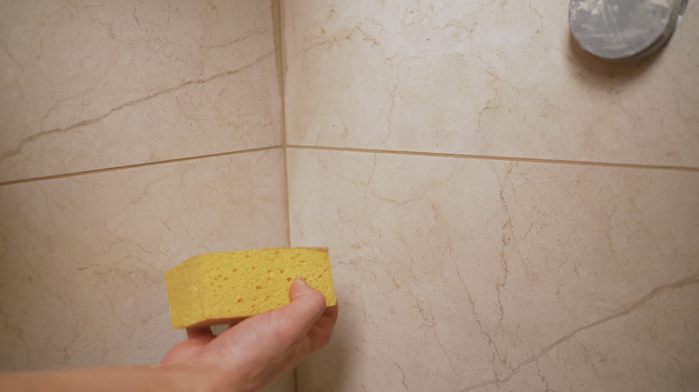Hand scrubbing shower grout with yellow sponge