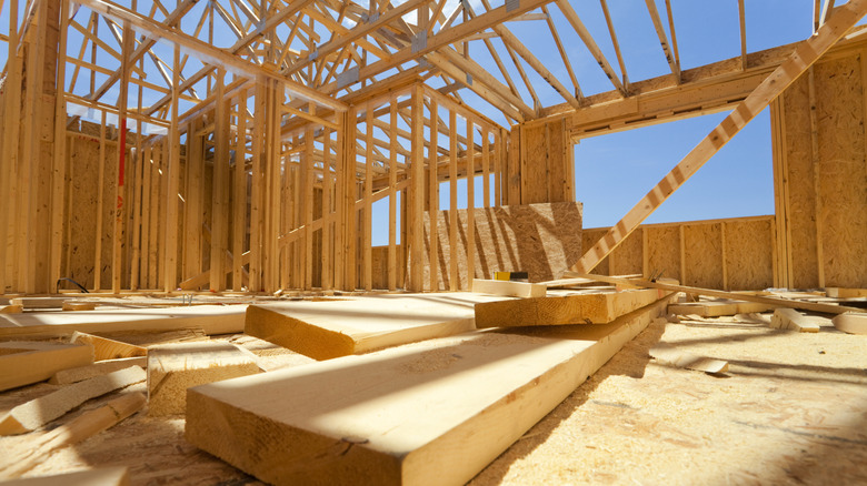A wood frame of a house under construction