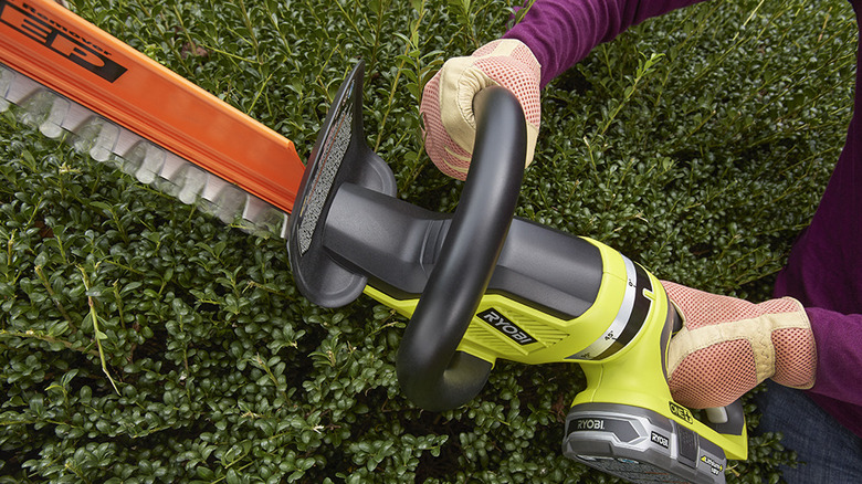 Close-up of gloved hands using Ryobi's 22-inch hedge trimmer on a bush.