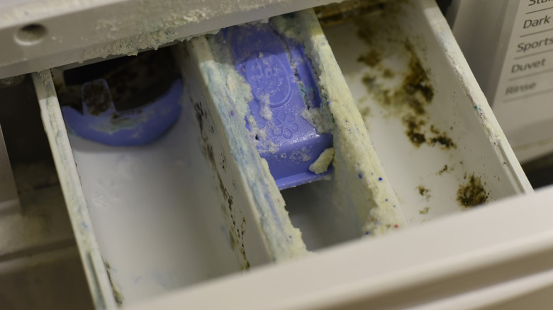 Close-up of a dirty washing machine detergent drawer