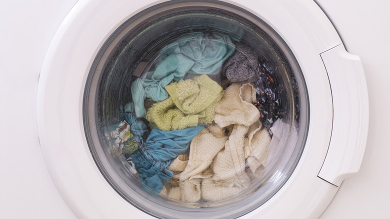 Close-up of a fully-loaded washing machine