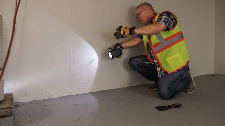 A worker uses a light to check a basement wall.