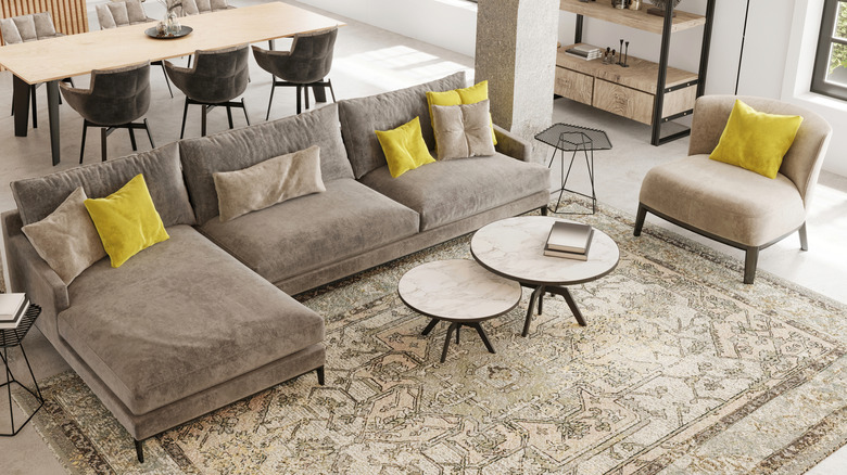 Living room with beige couch and large earth tone beige rug