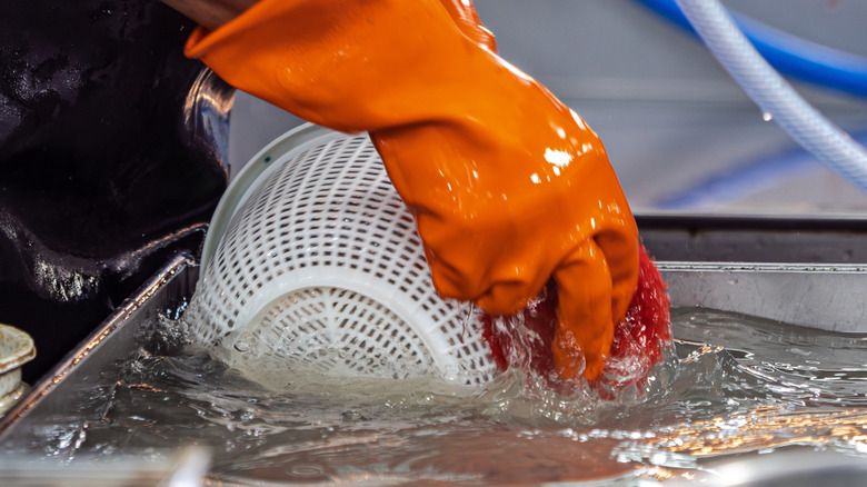 Cleaning a colander in sink