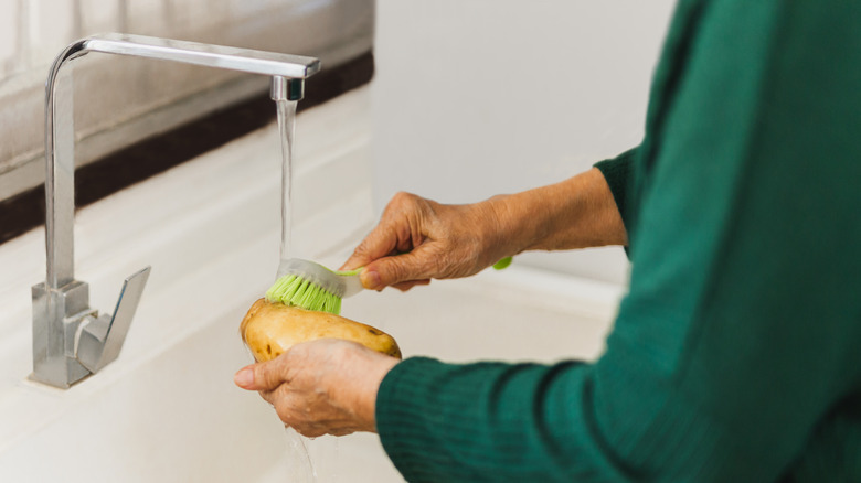 Using brush to scrub vegetable