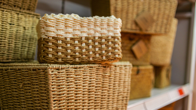Tan and beige hyacinth storage baskets.