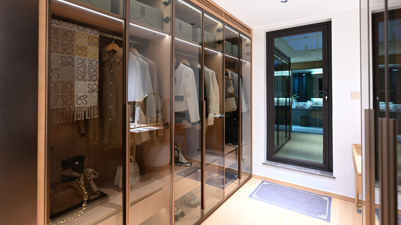 An elegant closet with glass doors