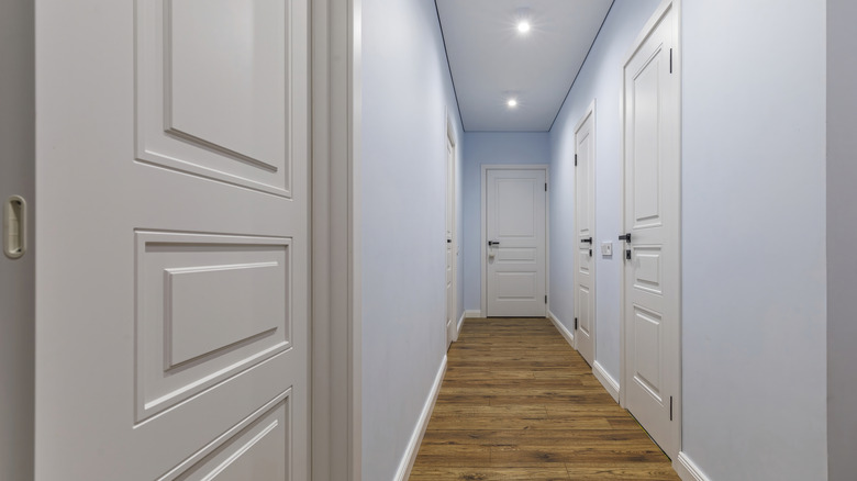 A simple hallway with multiple closed doors