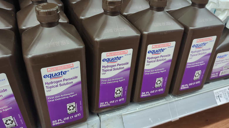 Hydrogen peroxide bottles on a store shelf