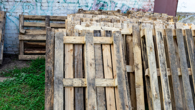 Old dirty pallets stacked against an outside wall