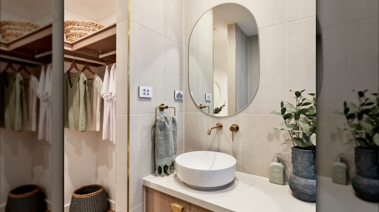 oval mirror above round sink