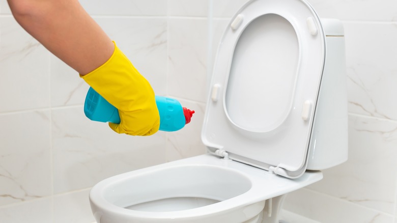 Cleaning toilet with bleach-based product 