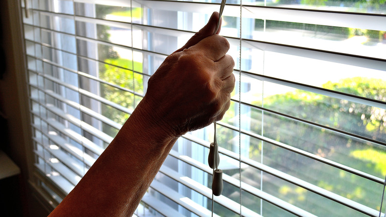 Hand pulling on window blinds cord.