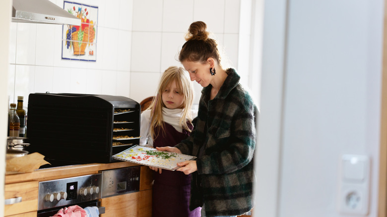 Two people making food in a dehydrator.