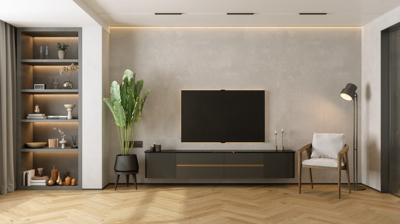 TV above modern entertainment center