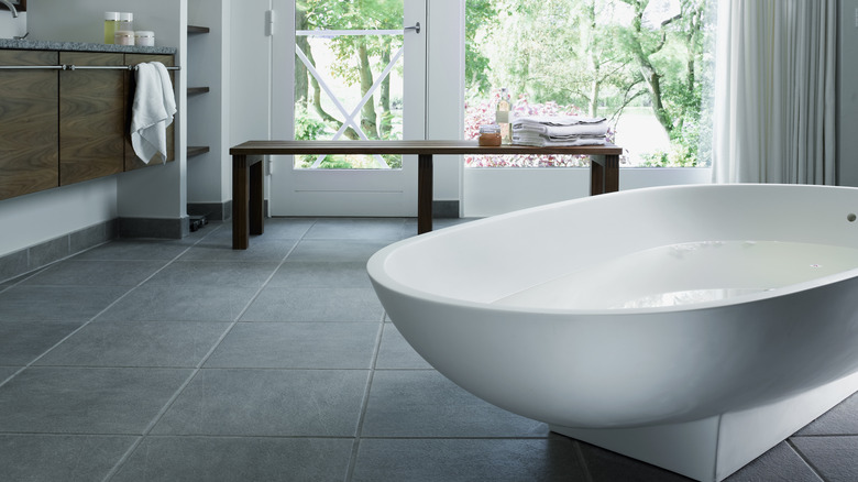 Modern bathroom with grey tile