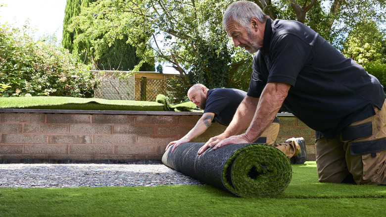 Two workers installing artificial grass in yard