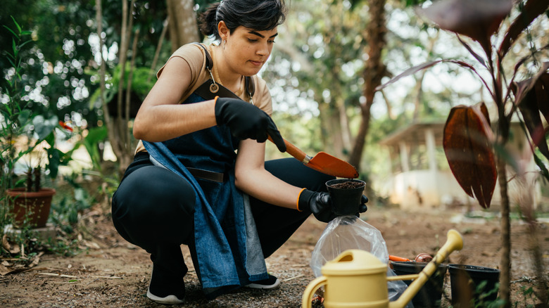 Woman scooping soil into plant pot in backyard.