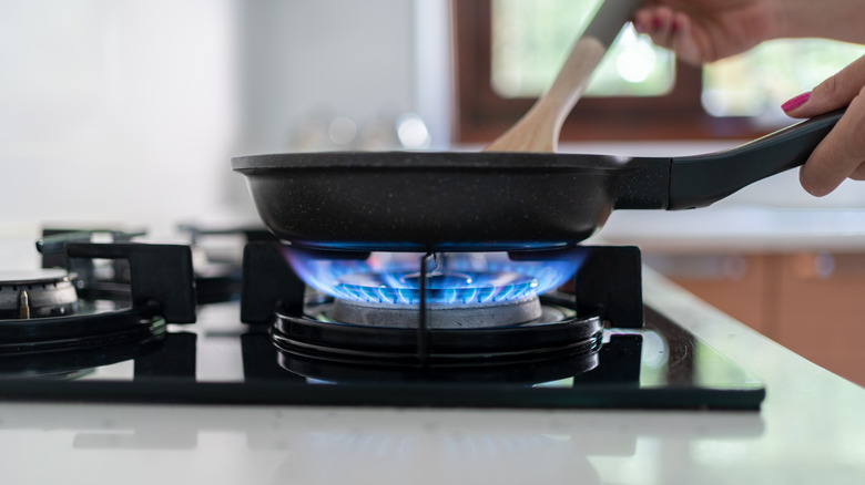 person cooking with a pan over gas range