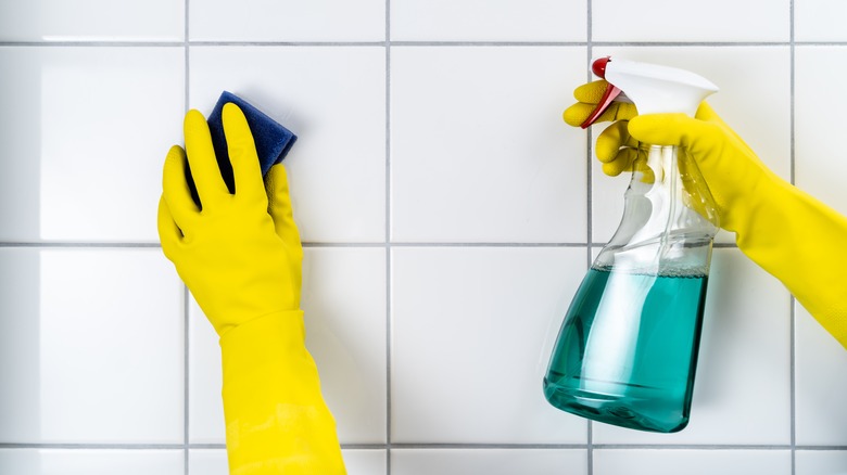 Hands cleaning bathroom grout