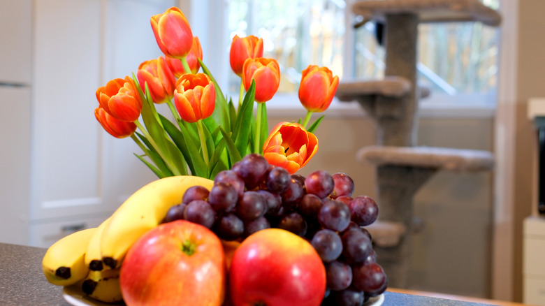 Pink tulips next to a fruit bowl.