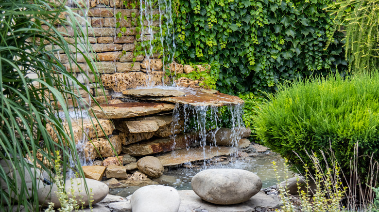 Outdoor waterfall surrounded by ivy