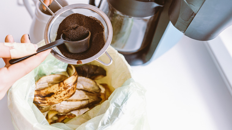 Person adding coffee grounds to a kitchen compost bucket