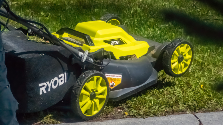Person mowing lawn with a Ryobi mower