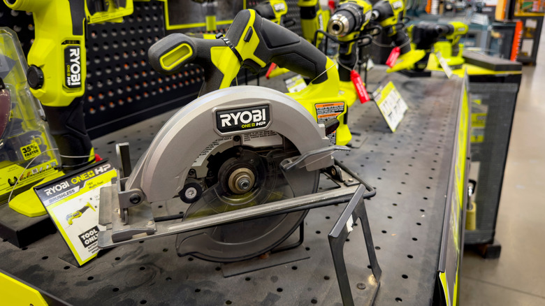 A display of Ryobi tools