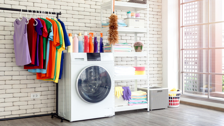 Clothes hanging in laundry room
