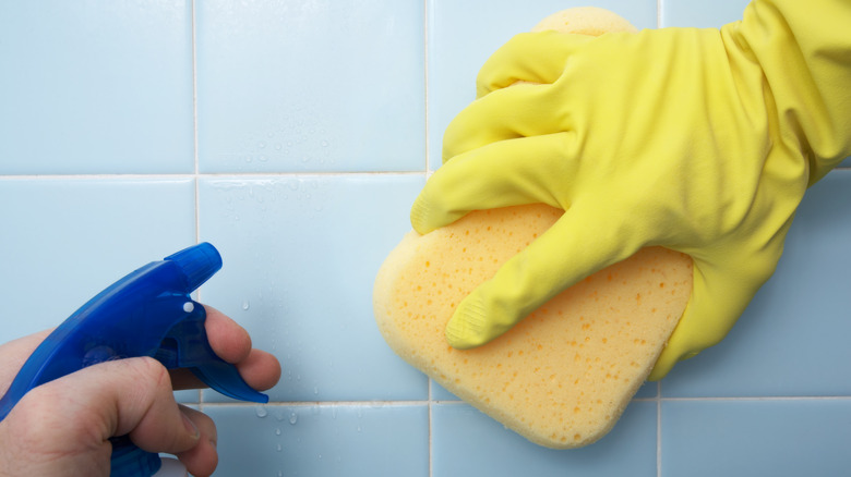 Sponge and spray bottle in shower
