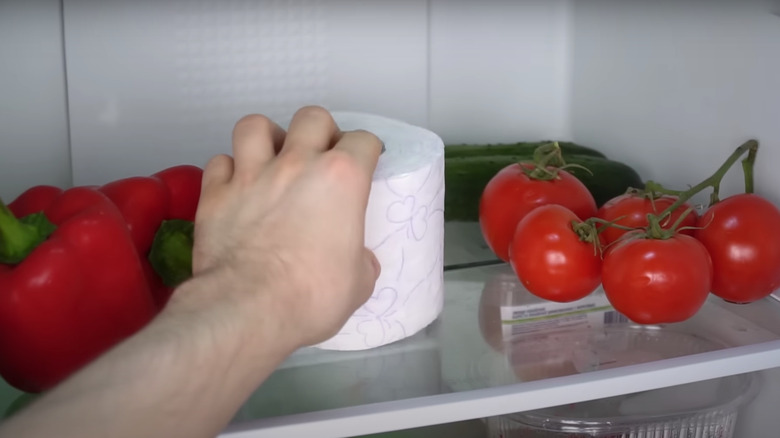 hand placing toilet paper in fridge