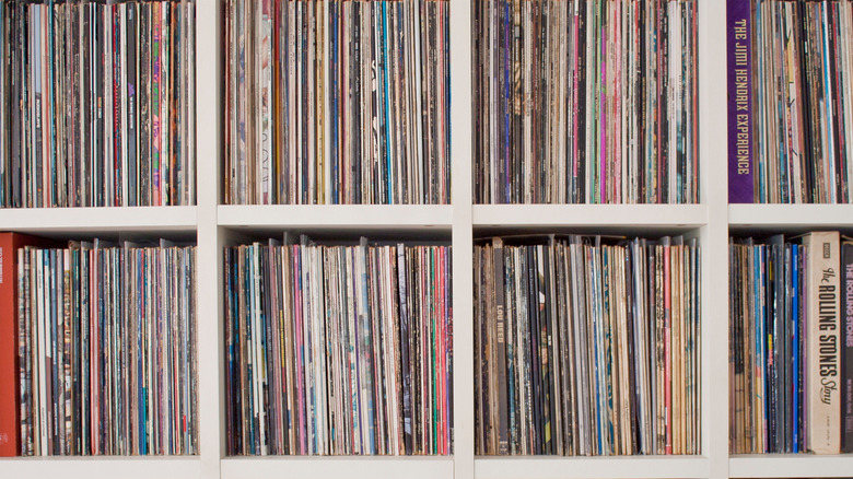 Collection of vinyl record albums stored vertically on shelves.