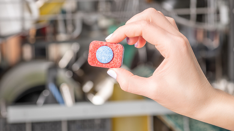 Person holding a dishwasher tablet