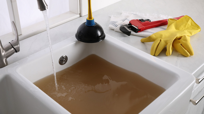 Clogged drain with water