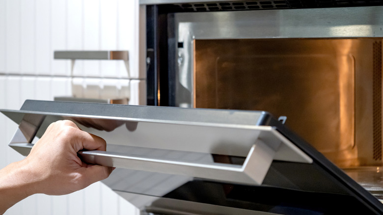 Person's hand opening an oven door