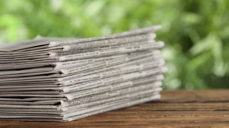 Stack of newspaper in garden