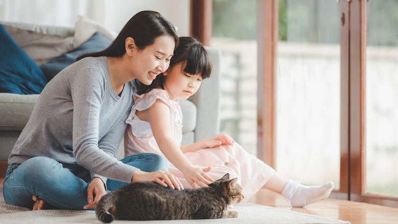 woman and child petting cat
