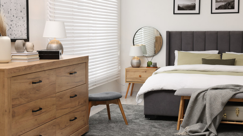 Matching bedroom set in wood and gray tones