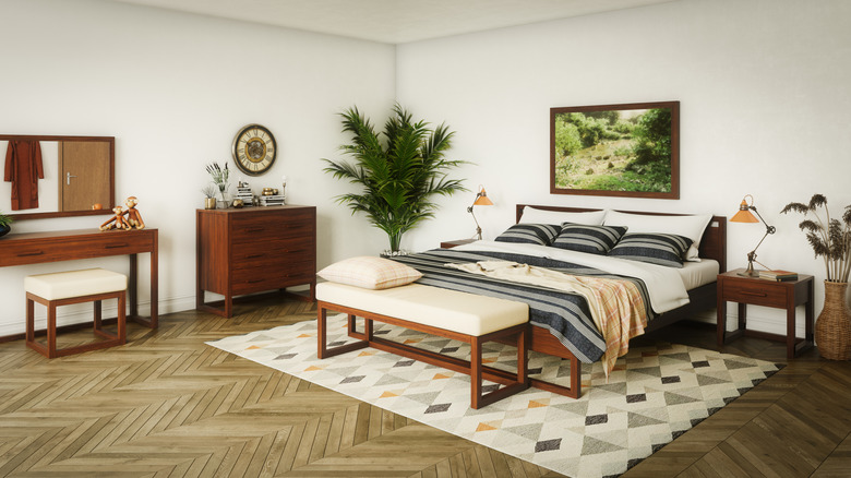 Matching bedroom set with wood and neutral tones