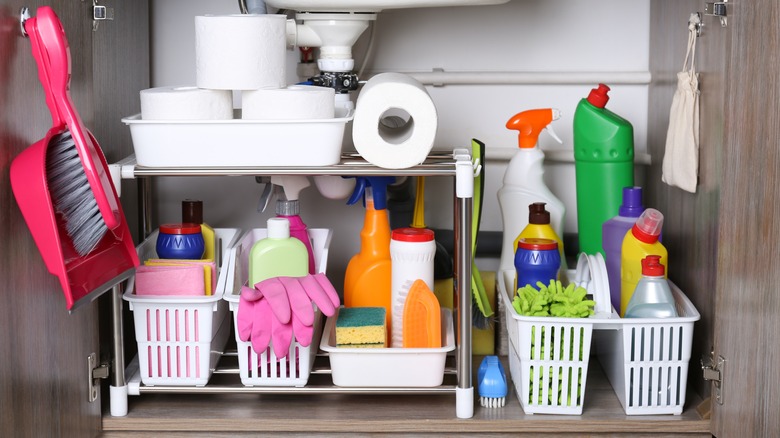 An under-sink cabinet filled with supplies in organizers