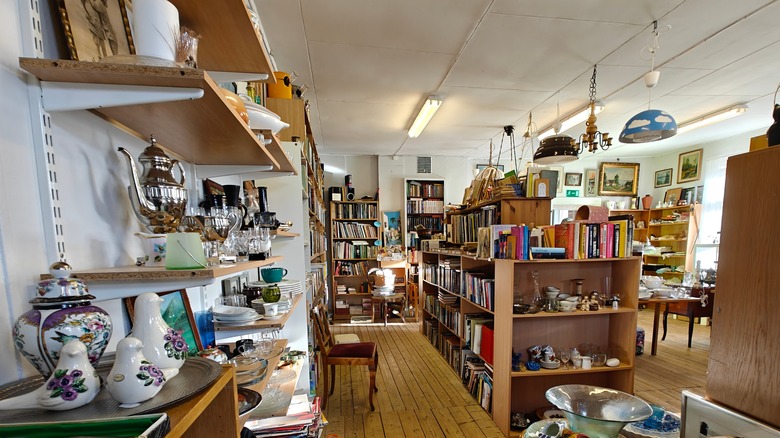 Inside a thrift store, books, kitchen items, and miscellaneous items are displayed