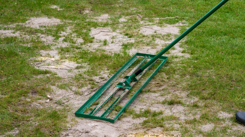 Using a lawn-leveling rake and sand to level a yard