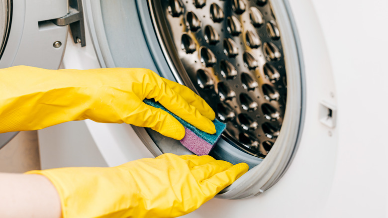 Person cleaning laundry machine