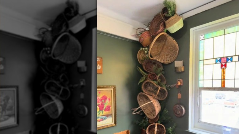 A floor-to-ceiling arch made from pool noodles and wicker baskets