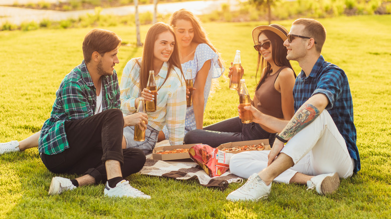 Friends toasting beer on grass