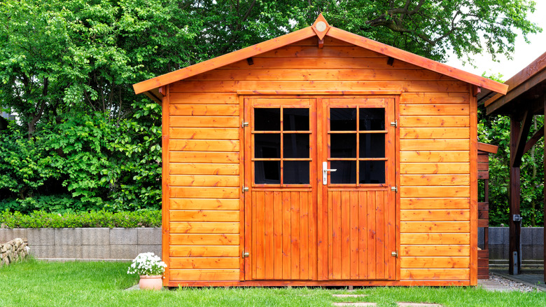 A pretty wood garden shed near a house