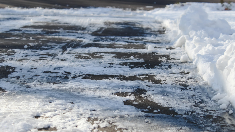 A driveway covered in ice